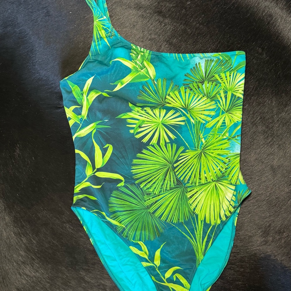 Versace Green and Blue One Piece Asymmetrical Swimsuit
